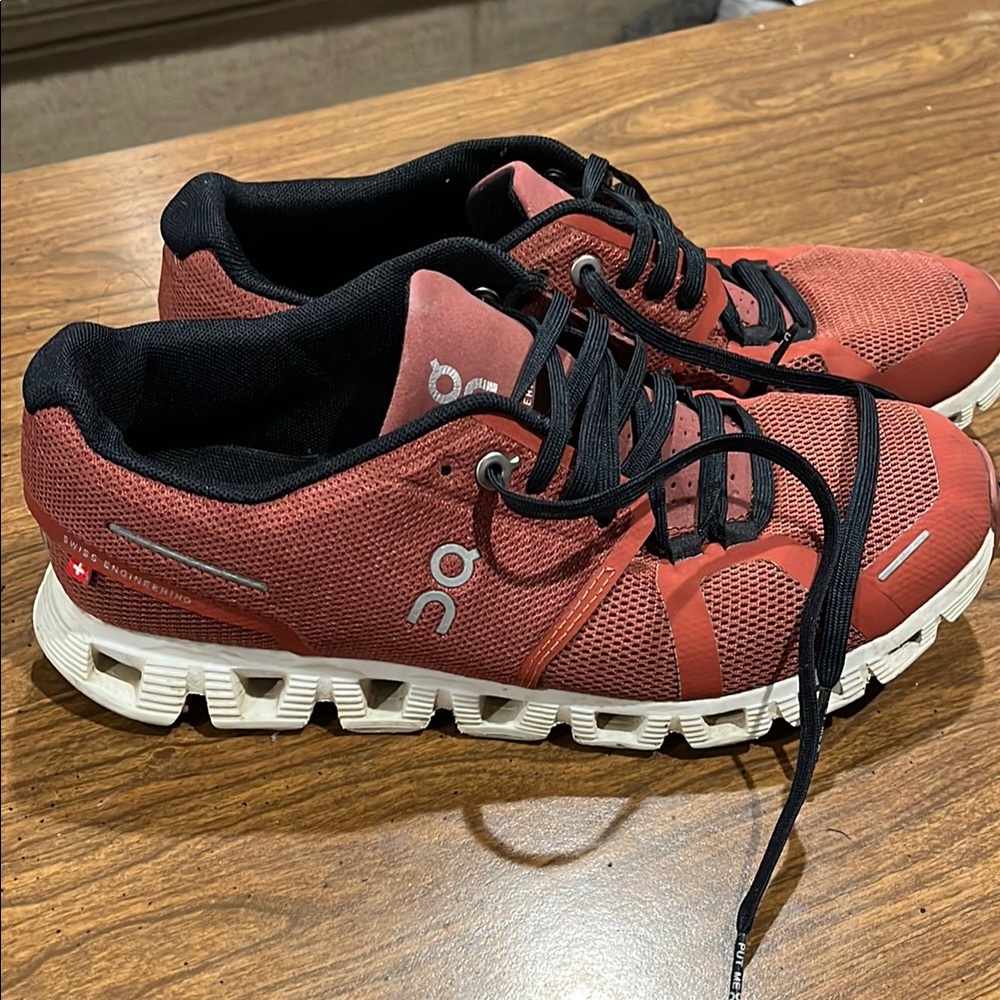 On Running Red and White Athletic Shoes with Cloud-Tec Sole